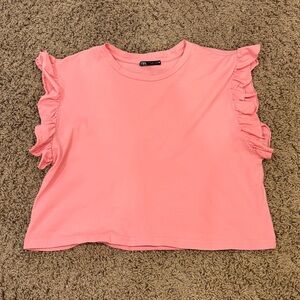 Zara Pink Ruffle Sleeve Cropped Blouse/Top